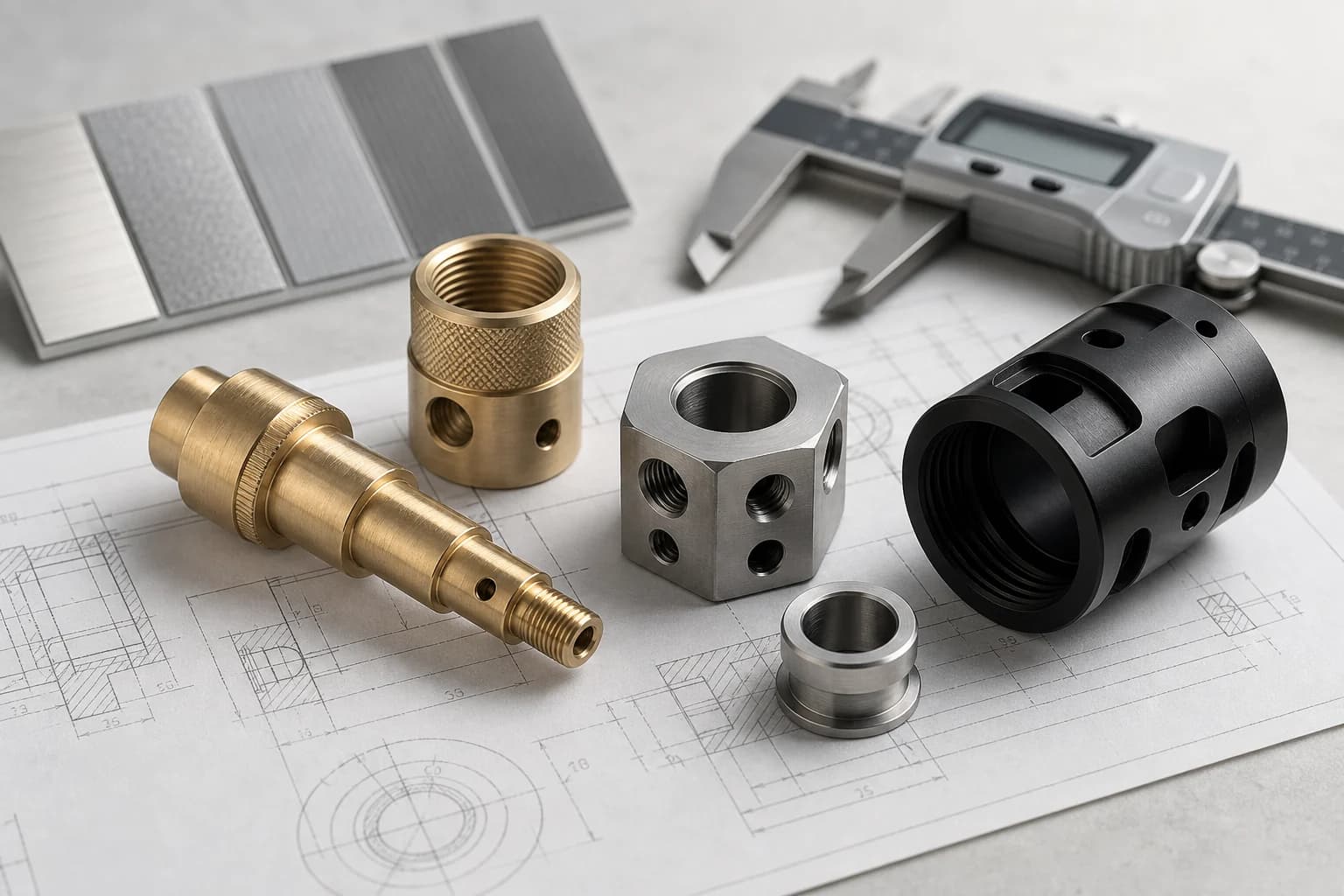 Representative machined brass components with drawing and measurement tools