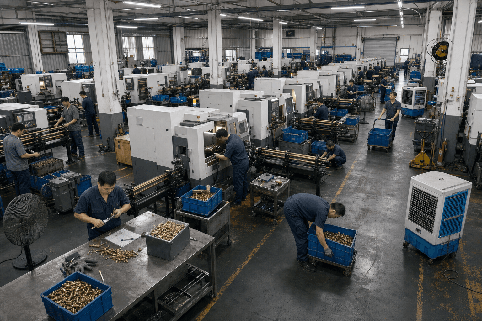 Compact bar-fed lathes arranged for brass component machining